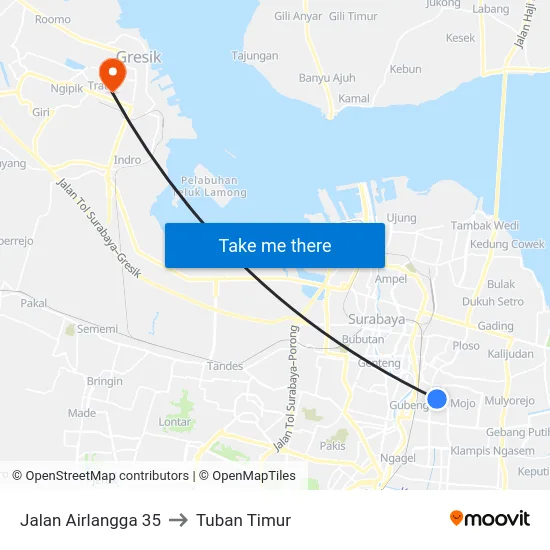 Jalan Airlangga 35 to Tuban Timur map