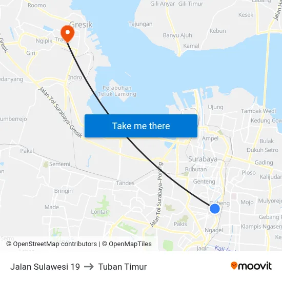 Jalan Sulawesi 19 to Tuban Timur map