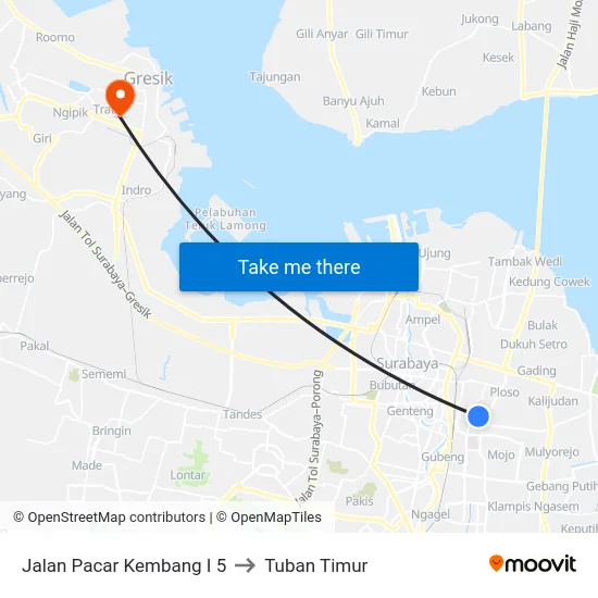 Jalan Pacar Kembang I 5 to Tuban Timur map