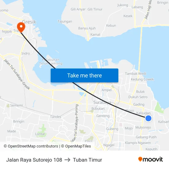 Jalan Raya Sutorejo 108 to Tuban Timur map
