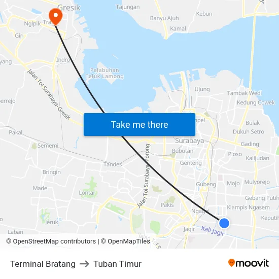 Terminal Bratang to Tuban Timur map