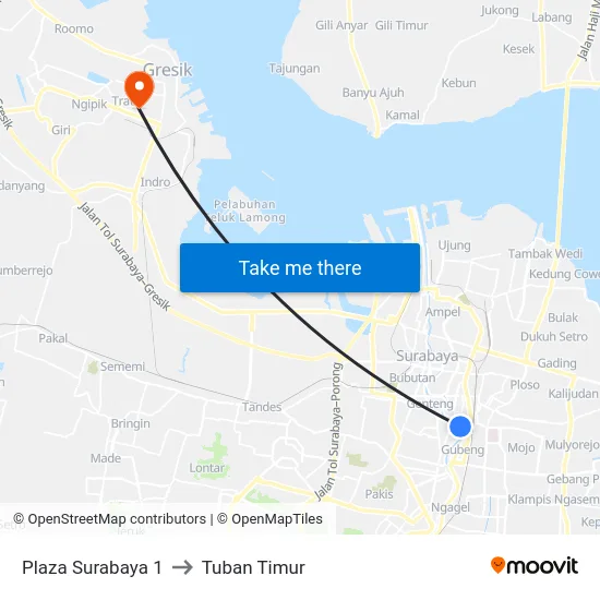 Plaza Surabaya 1 to Tuban Timur map