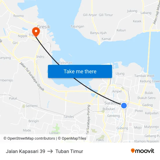 Jalan Kapasari 39 to Tuban Timur map