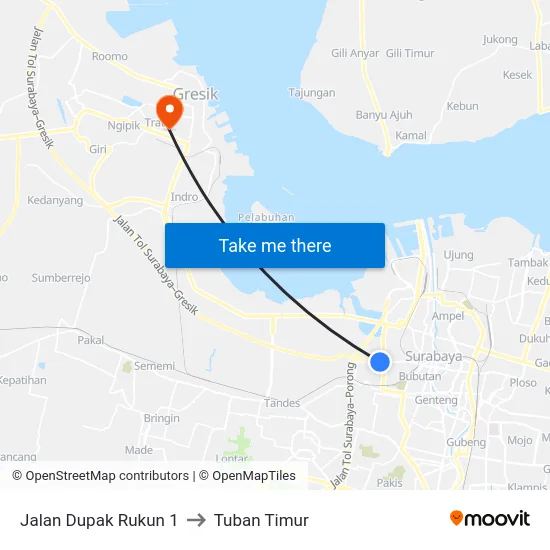 Jalan Dupak Rukun 1 to Tuban Timur map