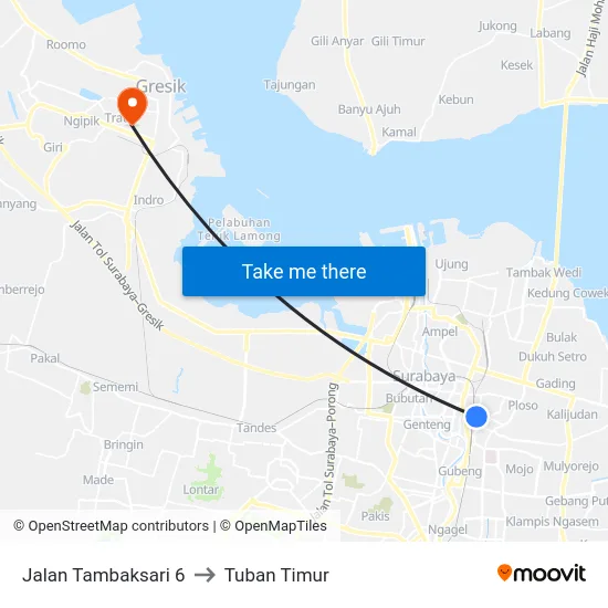 Jalan Tambaksari 6 to Tuban Timur map