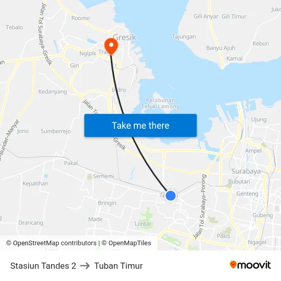 Stasiun Tandes 2 to Tuban Timur map