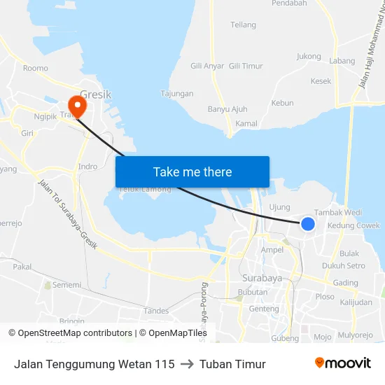 Jalan Tenggumung Wetan 115 to Tuban Timur map