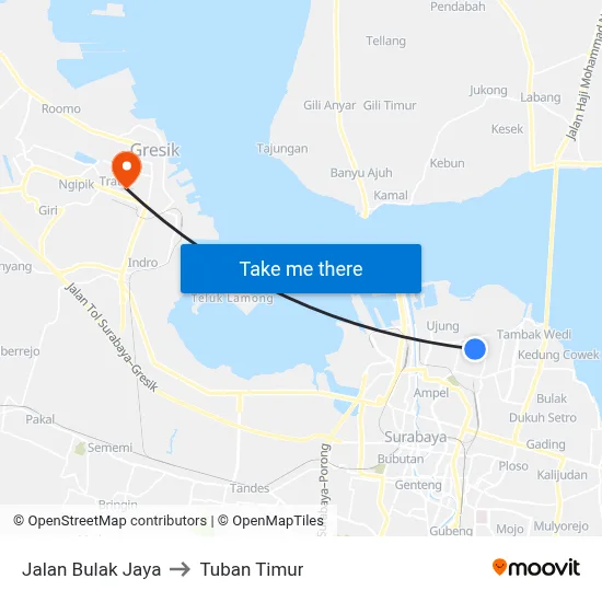 Jalan Bulak Jaya to Tuban Timur map