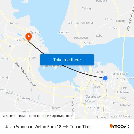 Jalan Wonosari Wetan Baru 18 to Tuban Timur map