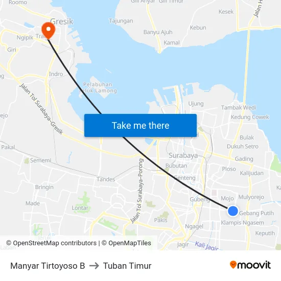 Manyar Tirtoyoso B to Tuban Timur map