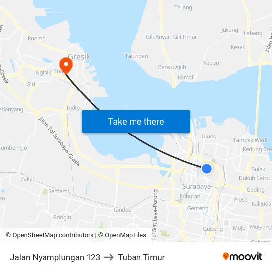 Jalan Nyamplungan 123 to Tuban Timur map
