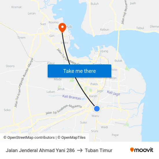 Jalan Jenderal Ahmad Yani 286 to Tuban Timur map