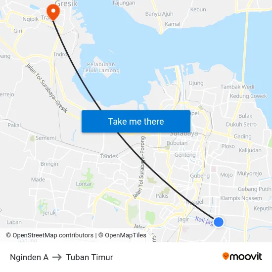 Nginden A to Tuban Timur map