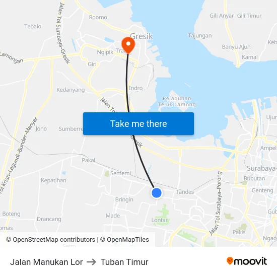 Jalan Manukan Lor to Tuban Timur map