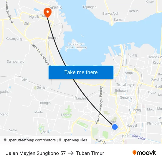 Jalan Mayjen Sungkono 57 to Tuban Timur map