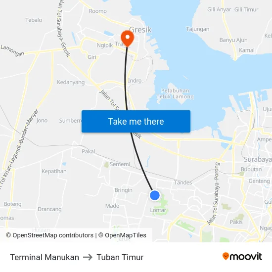 Terminal Manukan to Tuban Timur map
