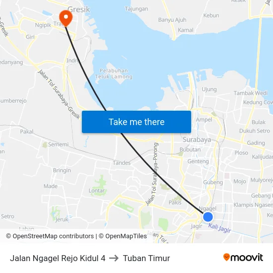 Jalan Ngagel Rejo Kidul 4 to Tuban Timur map