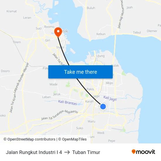 Jalan Rungkut Industri I 4 to Tuban Timur map