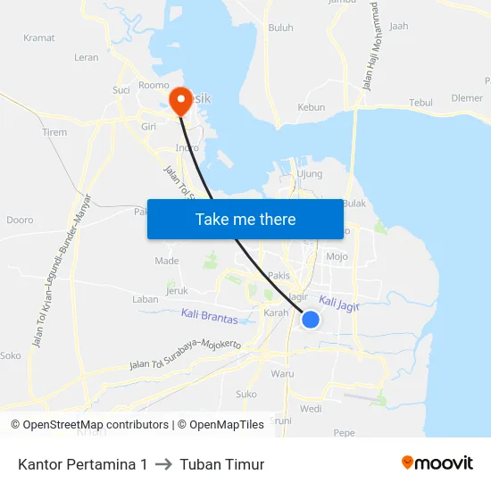 Kantor Pertamina 1 to Tuban Timur map