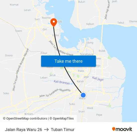 Jalan Raya Waru 26 to Tuban Timur map