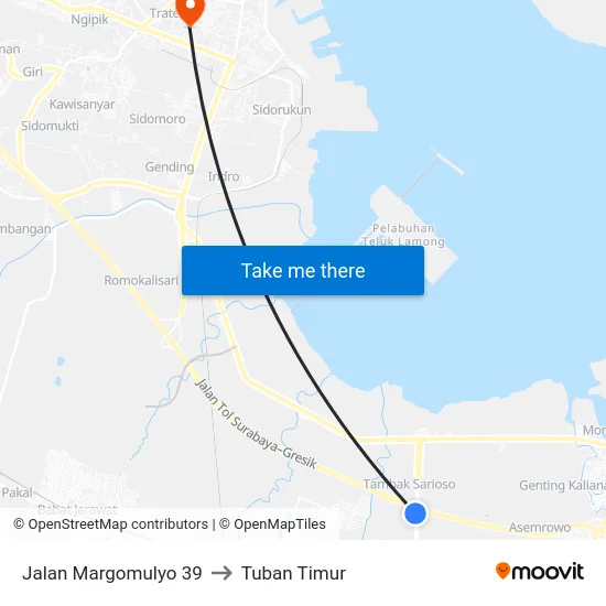 Jalan Margomulyo 39 to Tuban Timur map
