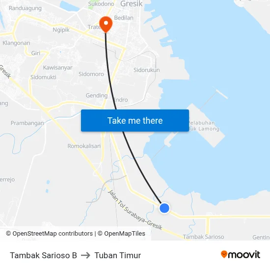 Tambak Sarioso B to Tuban Timur map