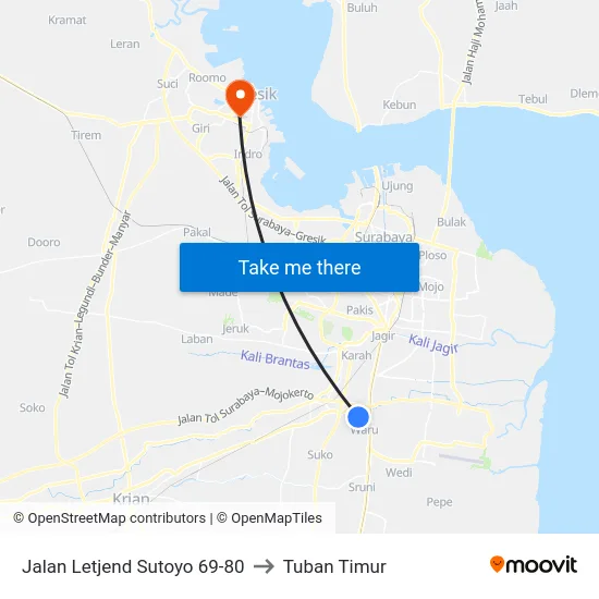 Jalan Letjend Sutoyo 69-80 to Tuban Timur map