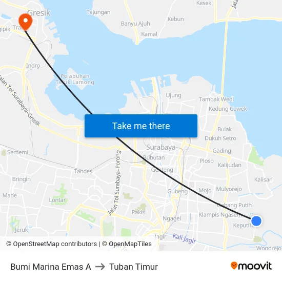 Bumi Marina Emas A to Tuban Timur map