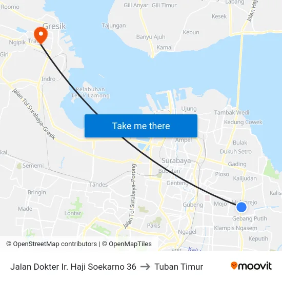 Jalan Dokter Ir. Haji Soekarno 36 to Tuban Timur map