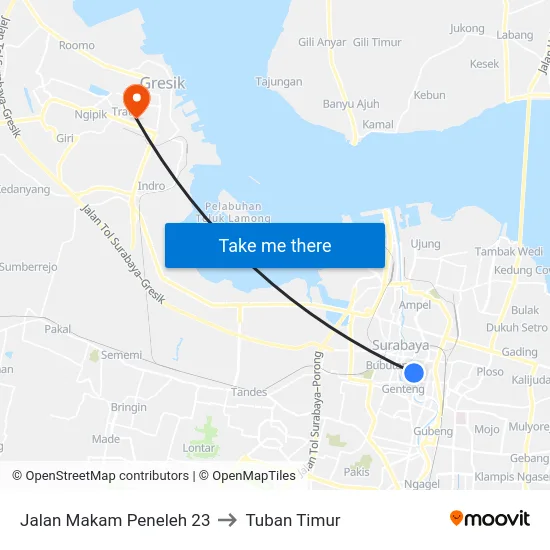 Jalan Makam Peneleh 23 to Tuban Timur map
