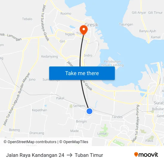 Jalan Raya Kandangan 24 to Tuban Timur map