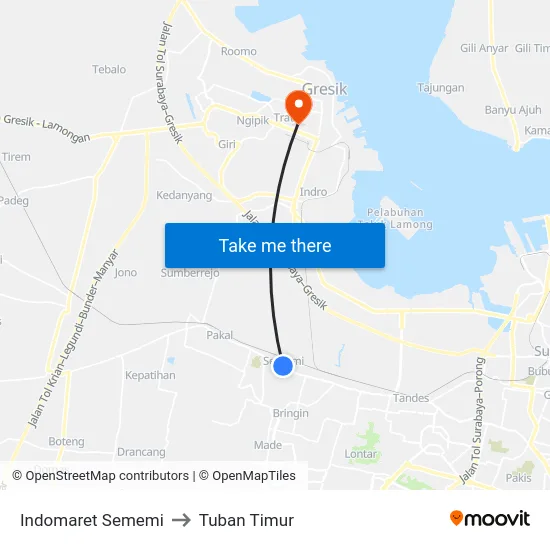 Indomaret Sememi to Tuban Timur map