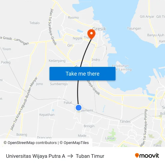 Universitas Wijaya Putra A to Tuban Timur map