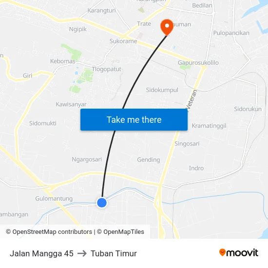 Jalan Mangga 45 to Tuban Timur map