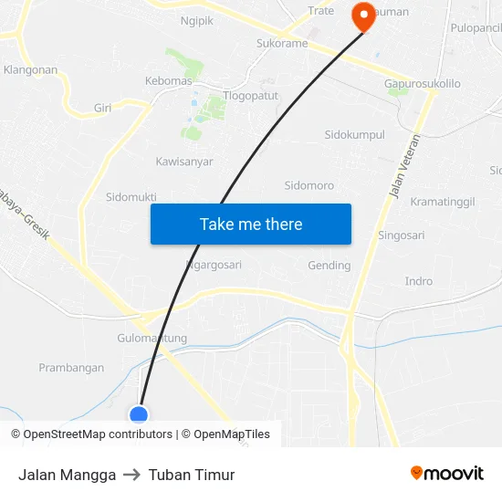 Jalan Mangga to Tuban Timur map