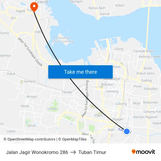 Jalan Jagir Wonokromo 286 to Tuban Timur map
