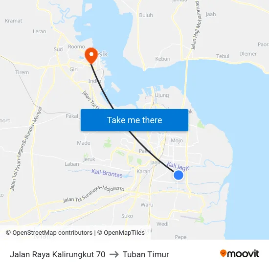 Jalan Raya Kalirungkut 70 to Tuban Timur map