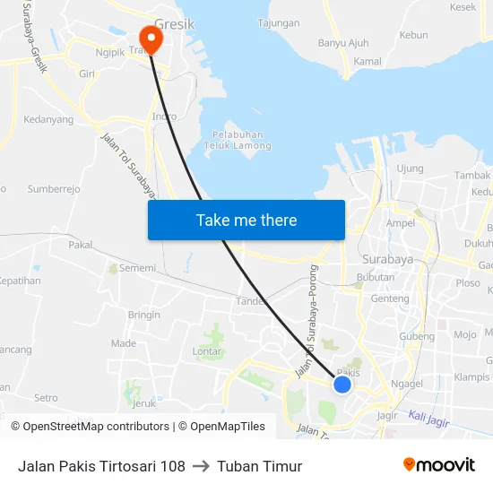 Jalan Pakis Tirtosari 108 to Tuban Timur map