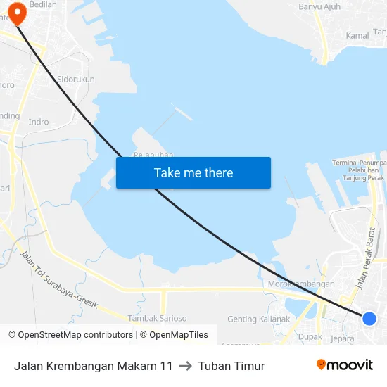 Jalan Krembangan Makam 11 to Tuban Timur map