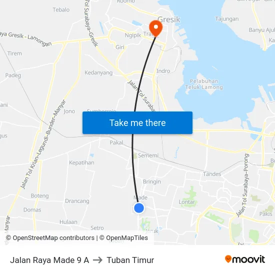 Jalan Raya Made 9 A to Tuban Timur map