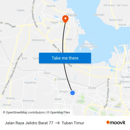 Jalan Raya Jelidro Barat 77 to Tuban Timur map