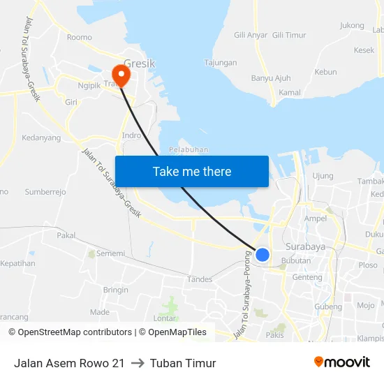 Jalan Asem Rowo 21 to Tuban Timur map