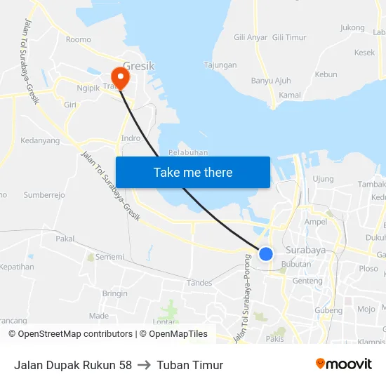 Jalan Dupak Rukun 58 to Tuban Timur map