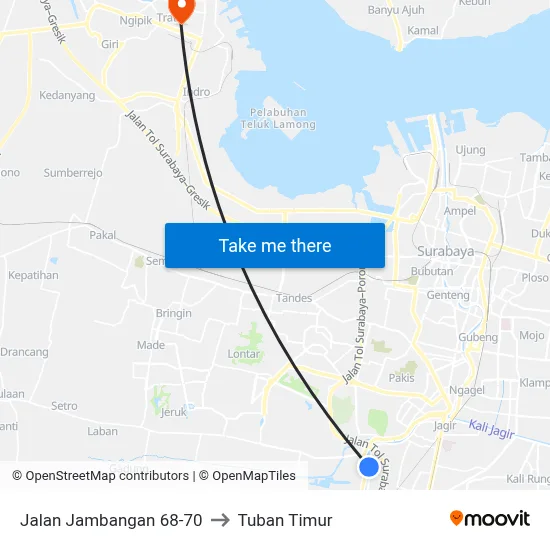 Jalan Jambangan 68-70 to Tuban Timur map