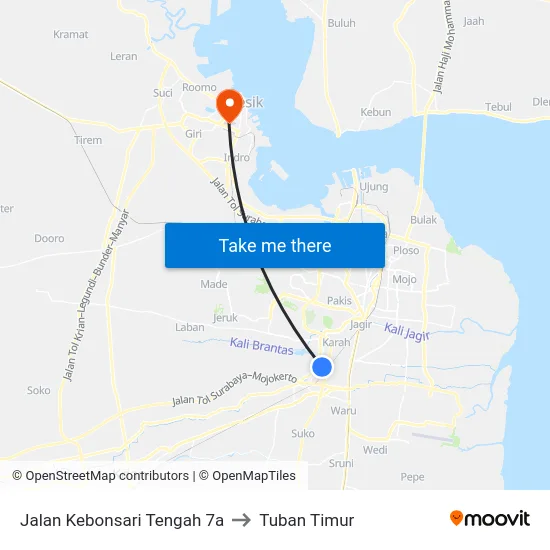 Jalan Kebonsari Tengah 7a to Tuban Timur map