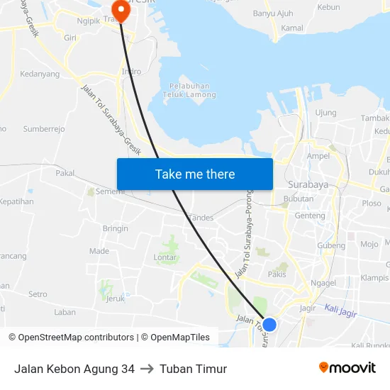 Jalan Kebon Agung 34 to Tuban Timur map