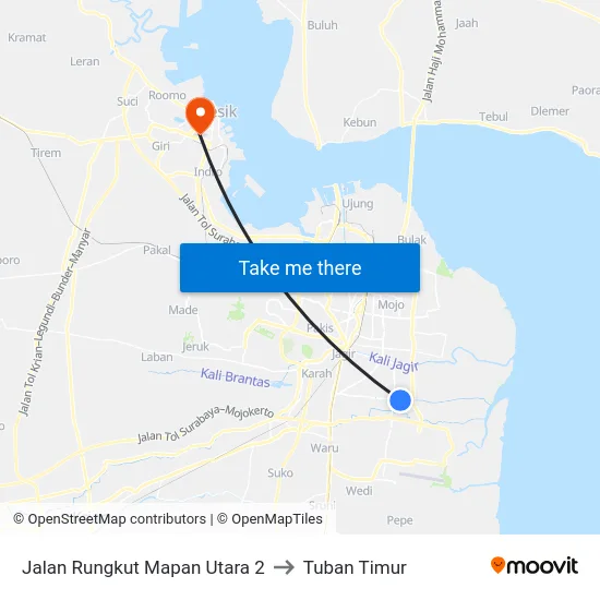 Jalan Rungkut Mapan Utara 2 to Tuban Timur map