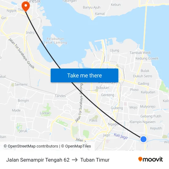 Jalan Semampir Tengah 62 to Tuban Timur map