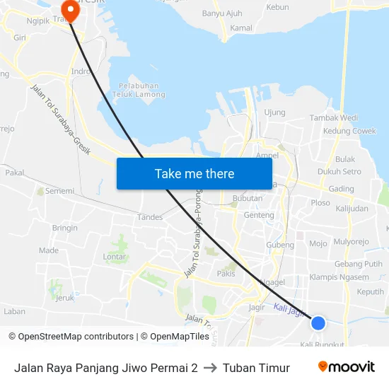 Jalan Raya Panjang Jiwo Permai 2 to Tuban Timur map