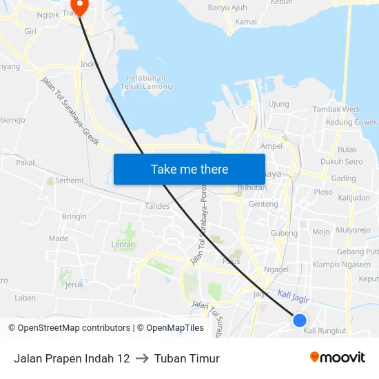 Jalan Prapen Indah 12 to Tuban Timur map